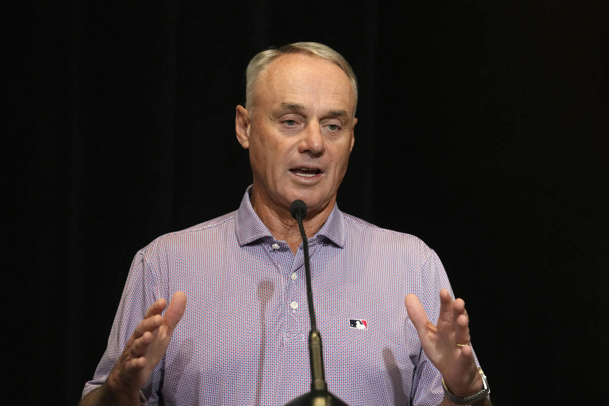 MLB Commissioner Rob Manfred speaks during a news conference Tuesday, Feb. 18, 2025, in Phoenix ...