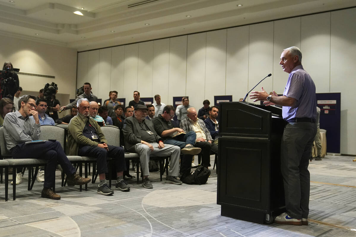 MLB Commissioner Rob Manfred speaks during a news conference, Tuesday, Feb. 18, 2025, in Phoeni ...
