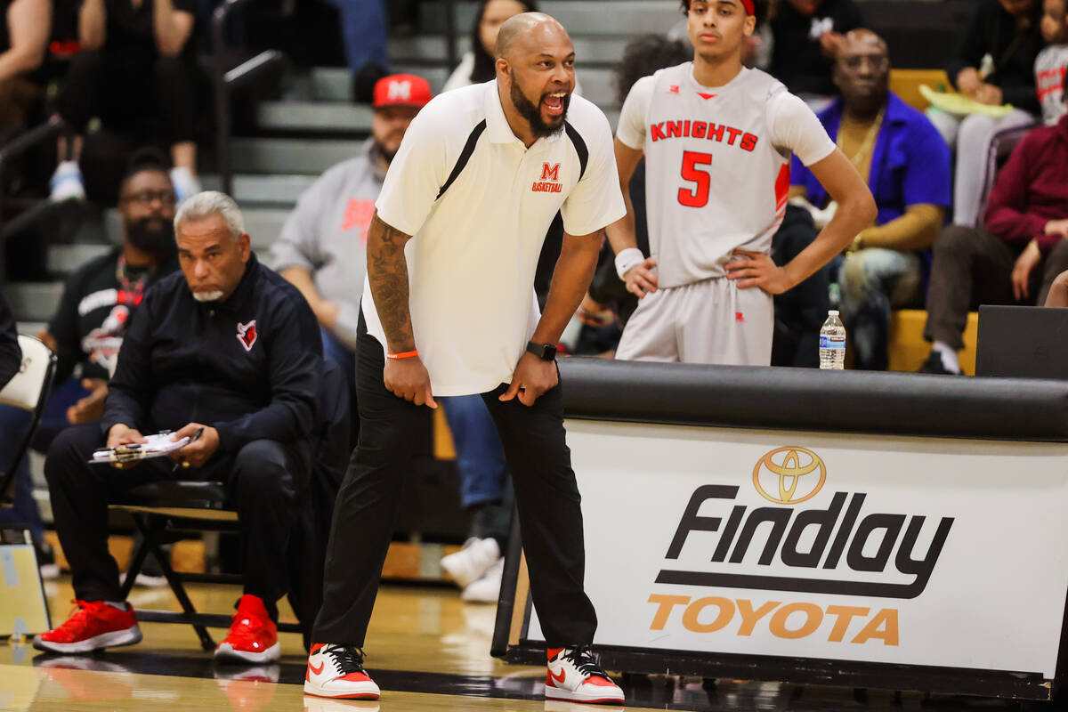 Mater East head coach Antoine Wright coaches from the sidelines during a class 3A semifinals ba ...