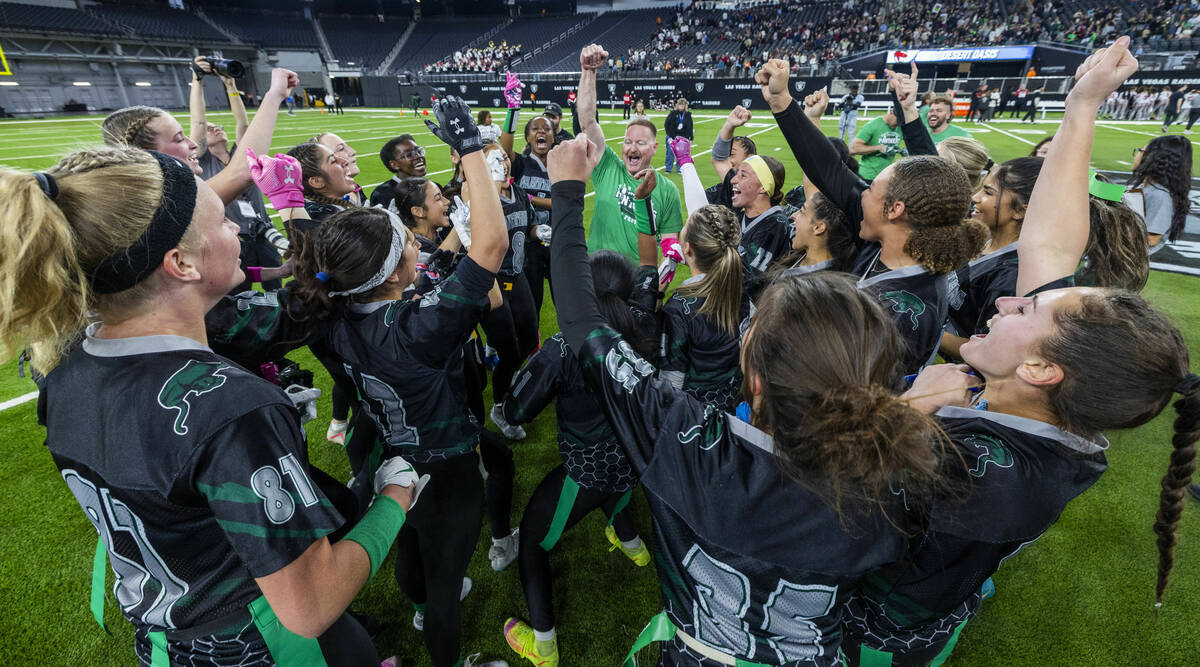 Palo Verde head coach Rick Eurich celebrates his team after their 5A flag football championship ...