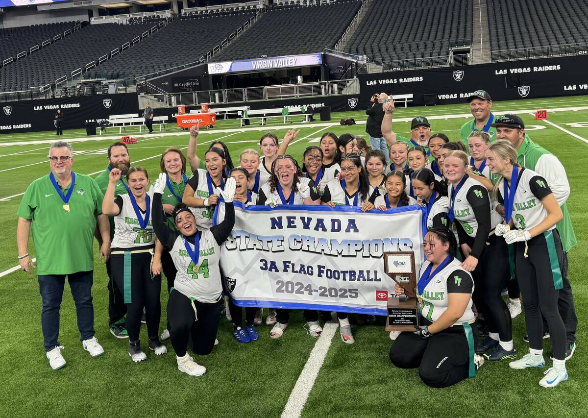 Virgin Valley's flag football team celebrates winning the Class 3A state championship on Thursd ...