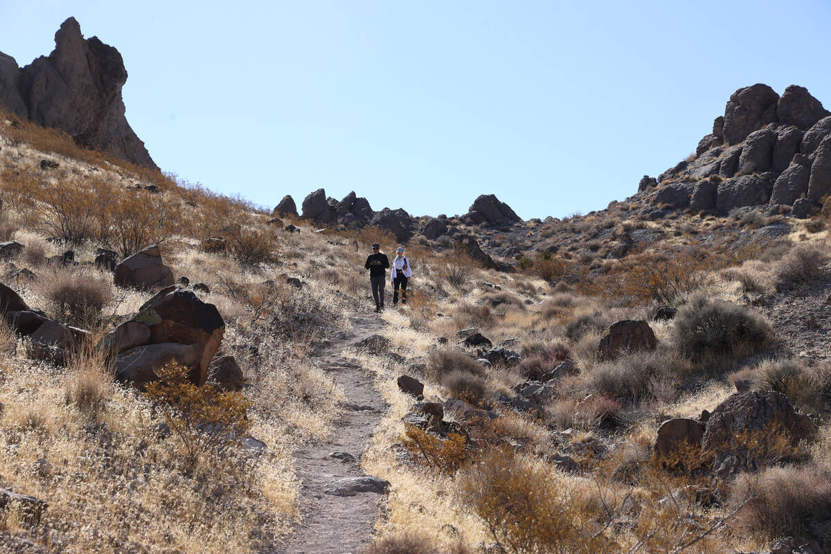 Guido and Wendy Metzger of Henderson hike in Sloan Canyon National Conservation Area on Feb. 26 ...