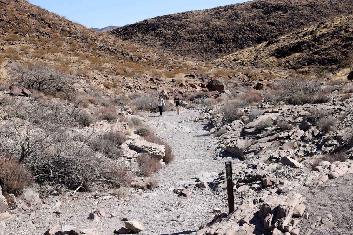 Hikers on the Petroglyph Trail in Sloan Canyon National Conservation Area on Feb. 26, 2021. (K. ...