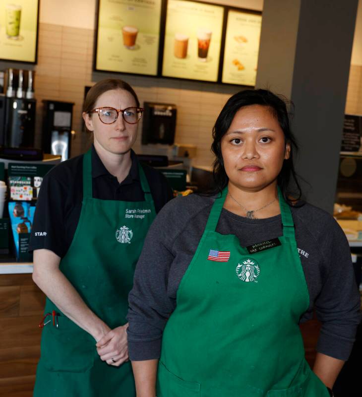 Sarah Friedman, left, a store manager at the Starbucks at North Aliante Parkway and the 215 Bel ...