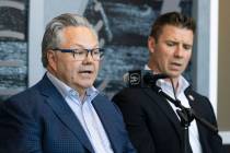 Ryan Craig, right, listens as Golden Knights General Manager Kelly McCrimmon, speaks after the ...