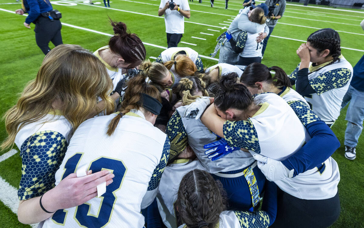 Foothill players celebrate their win over Arbor View in their 4A flag football championship gam ...