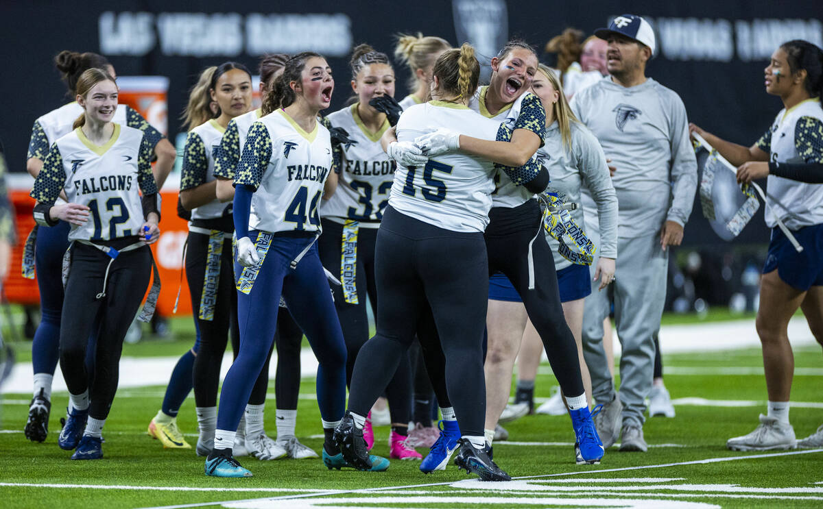 Foothill players celebrate a late score over Arbor View in the second half of their 4A flag foo ...