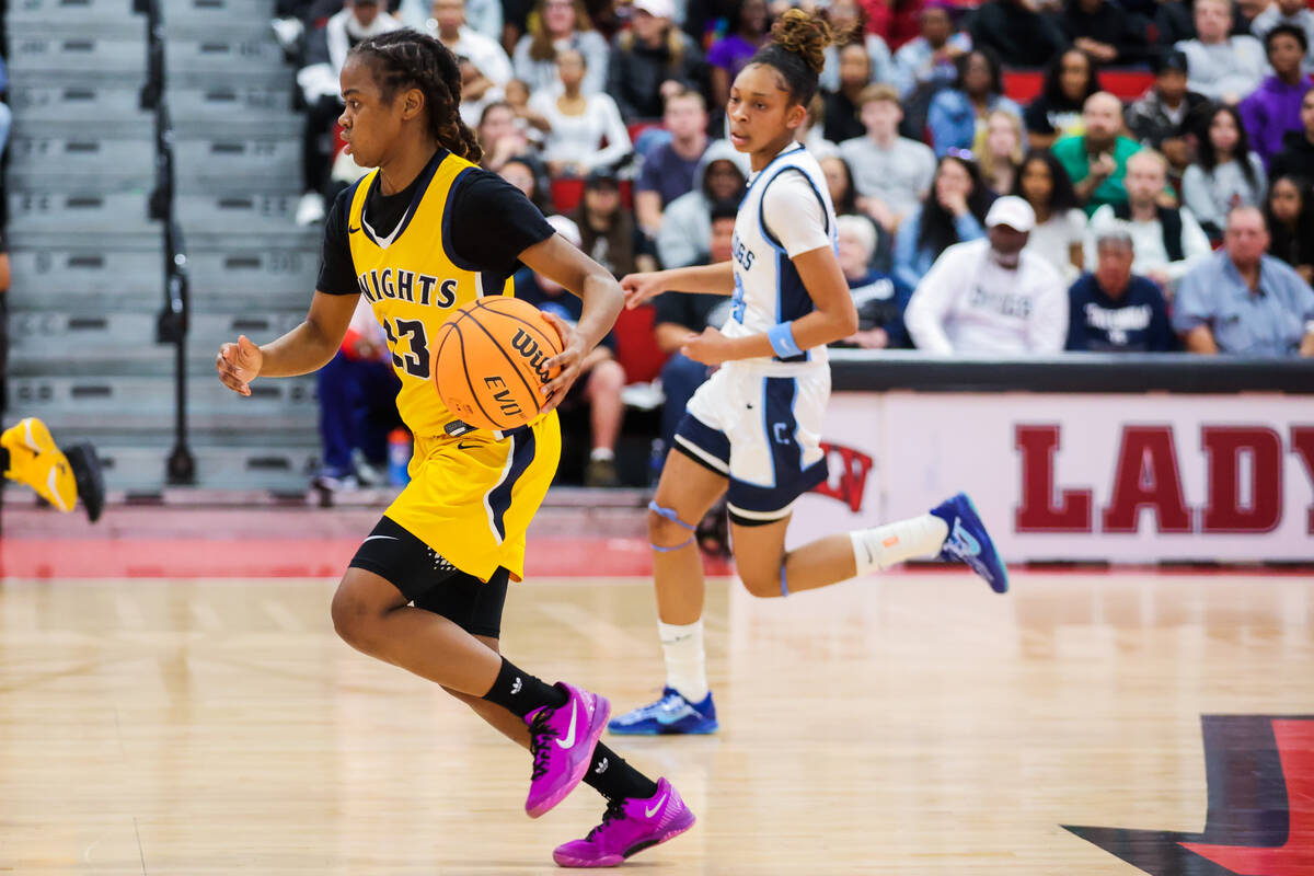 Democracy Prep forward Syriah Soto (23) dribbles the ball during a class 5A girls basketball st ...