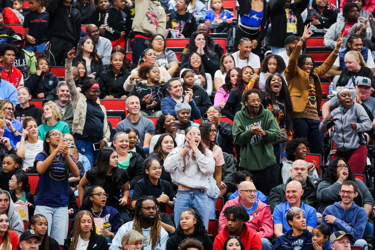Democracy Prep fans cheer from the stands during a class 5A girls basketball state championship ...