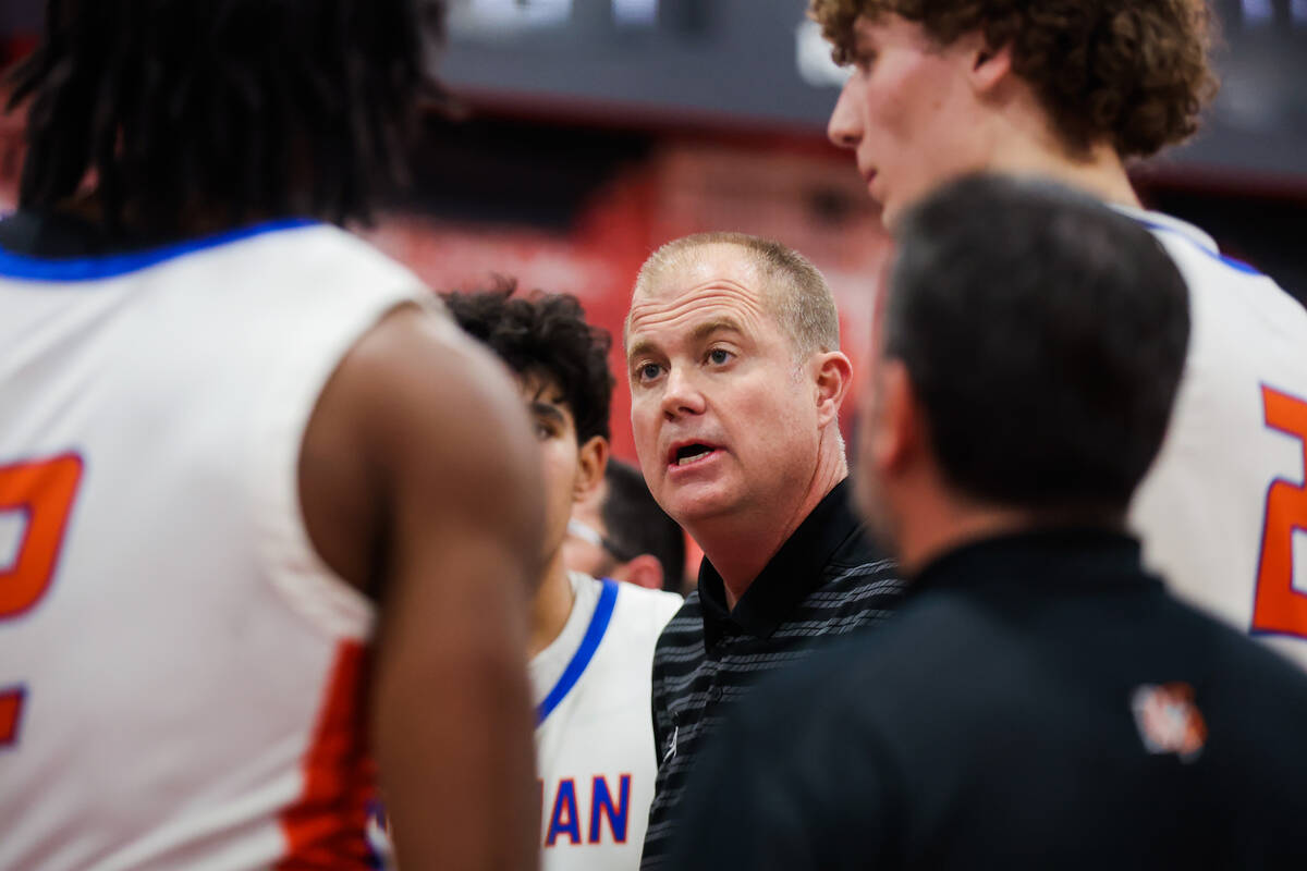 Bishop Gorman head coach Grant Rice coaches his team during a class 5A boys basketball state ch ...