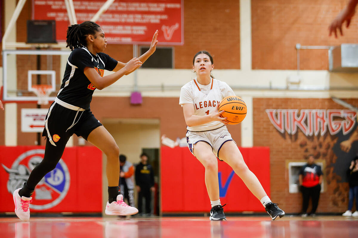 Legacy's Alabama Nieves (1) looks to shoot the ball during a Class 4A girls basketball state se ...