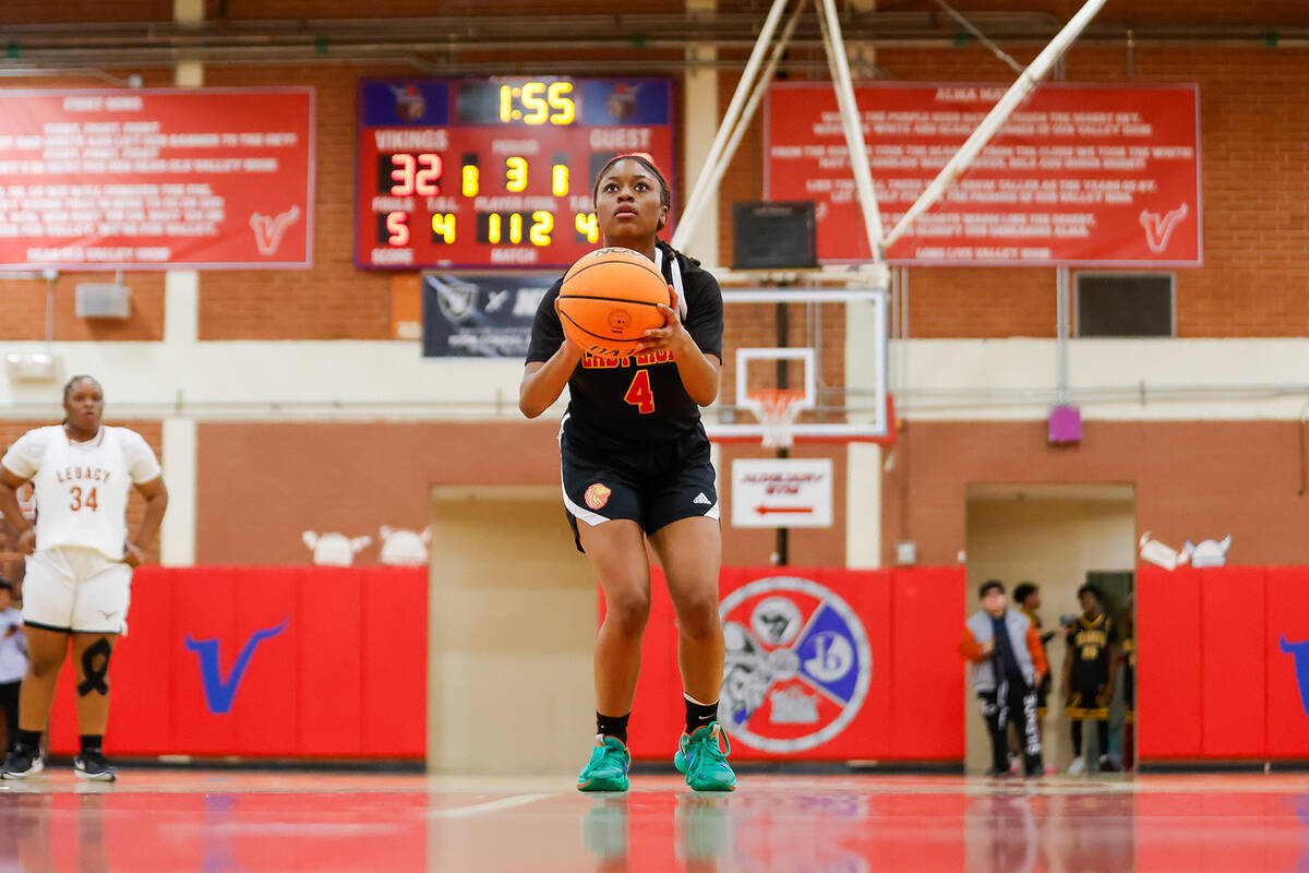 Losee guard Kyleigha Butler (4) shoots a free throw during a Class 4A girls basketball state se ...