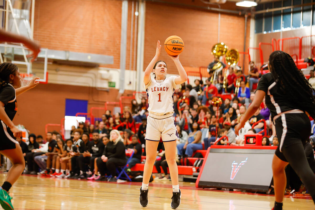 Legacy's Alabama Nieves (1) shoots a 3-point shot during a Class 4A girls basketball state semi ...