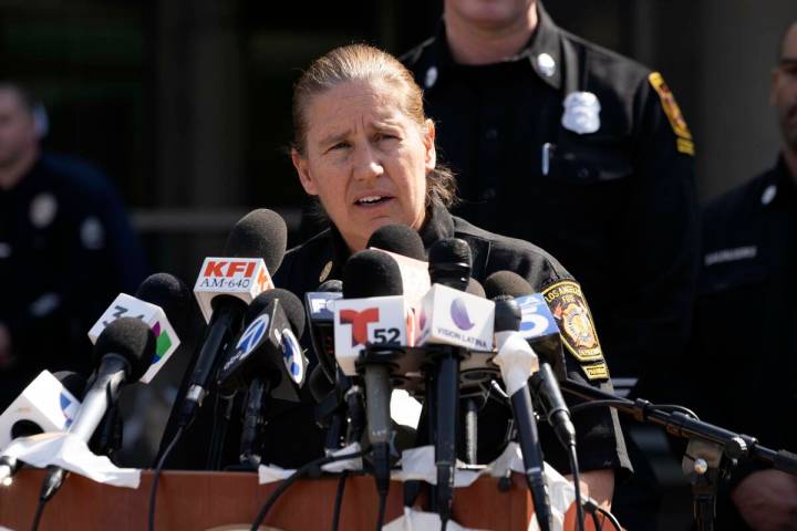 Los Angeles Fire Department Chief Kristin Crowley talks during a news conference at Harbor–UC ...