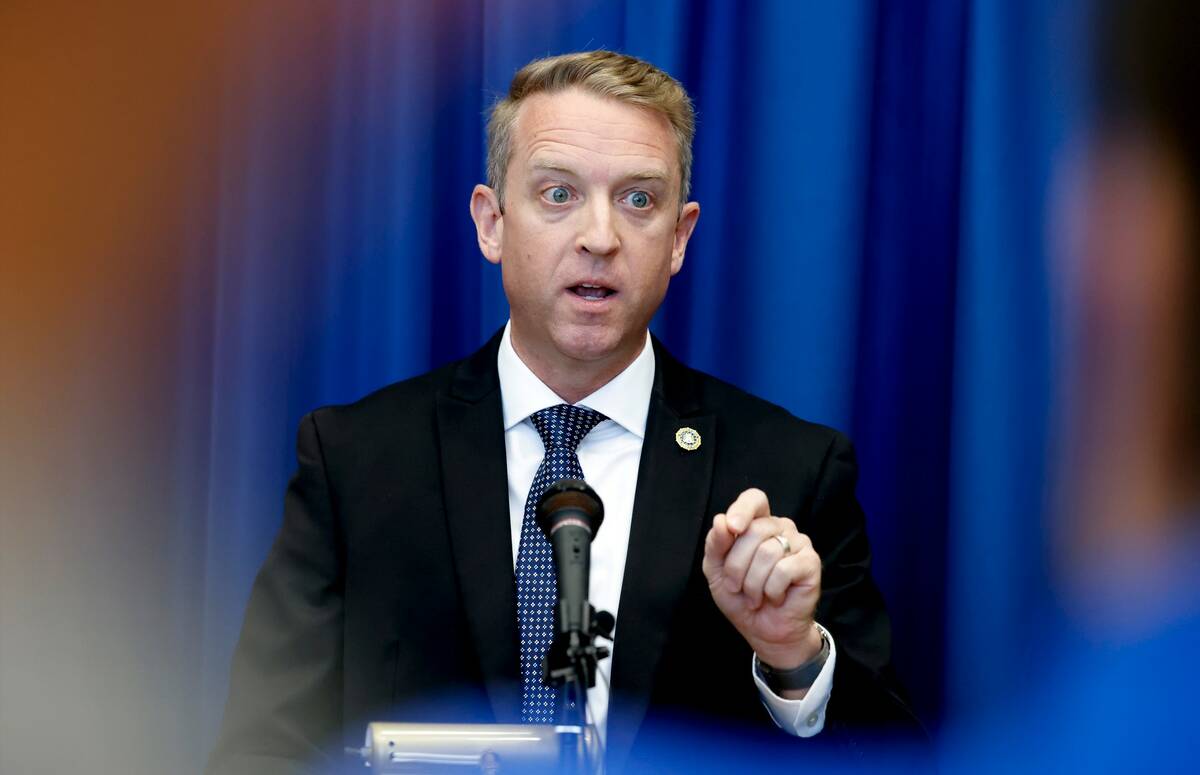 Spencer Evans of the Las Vegas FBI office speaks during a press conference in November 2023. (B ...