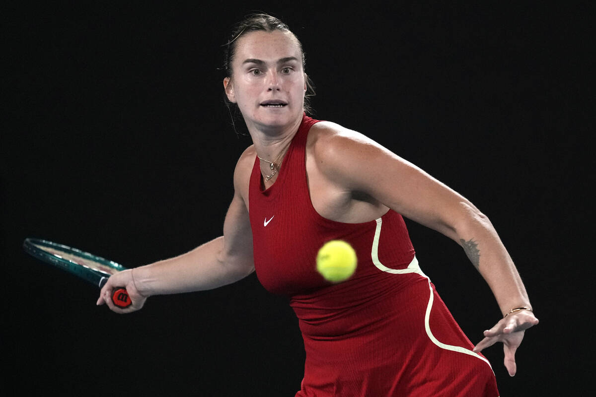 Aryna Sabalenka of Belarus plays a forehand return to Barbora Krejcikova of the Czech Republic ...