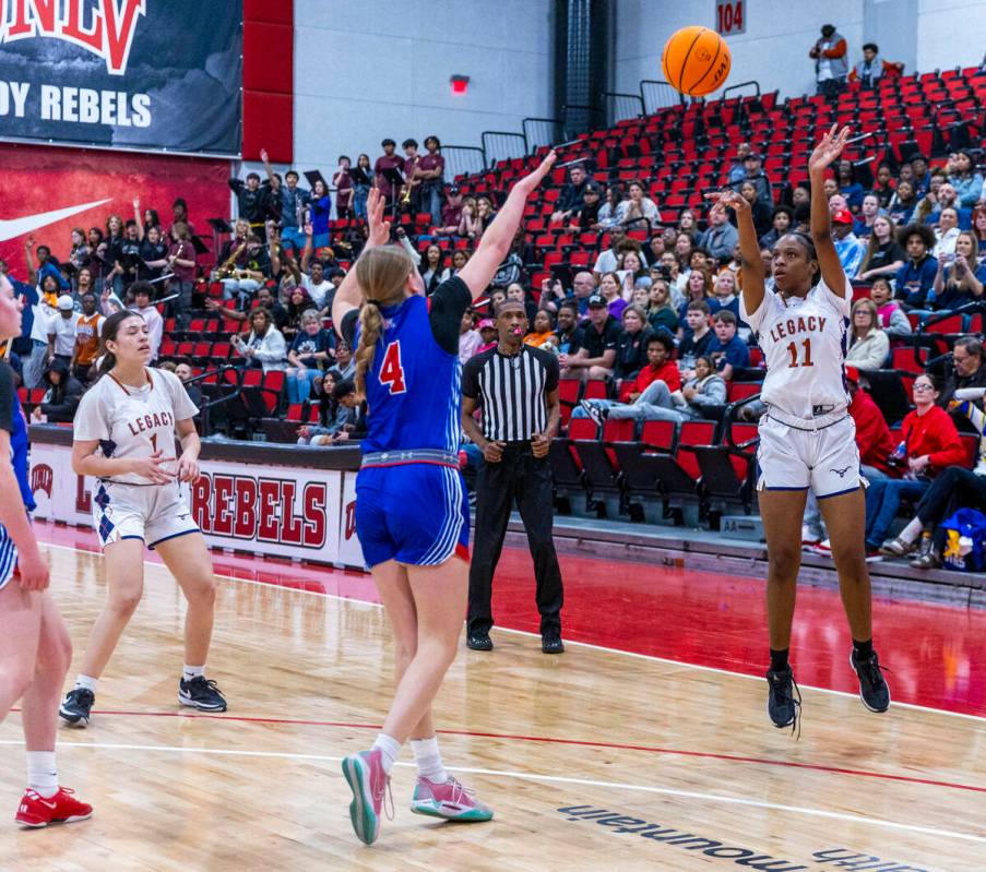 Legacy guard Deshaya Hart (11) shoots over Reno guard Brookesly Wilson (4) during the first hal ...