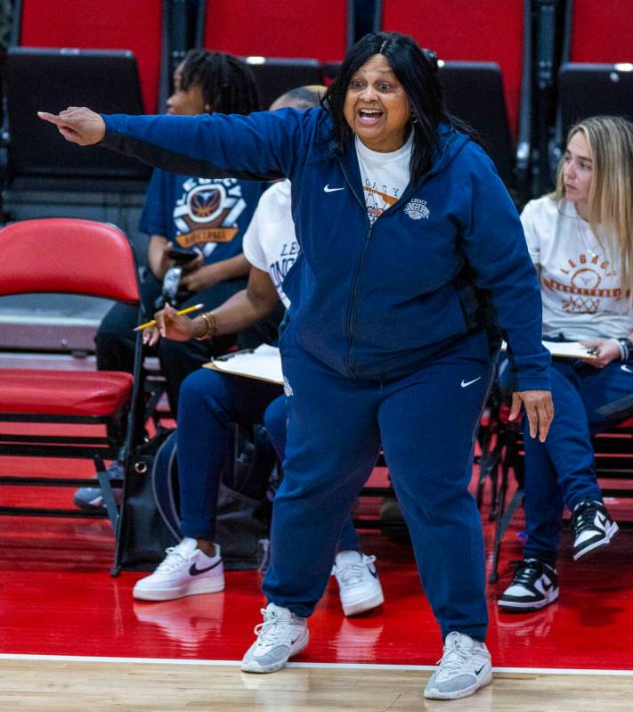 Legacy head coach Tiffany Richardson directs her players against Reno during the second half of ...
