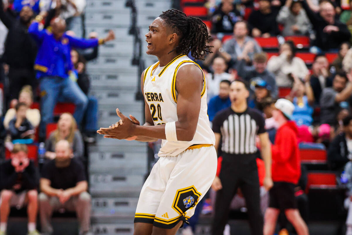 Sierra Vista small forward Darius Ruffin (20) pumps himself up during a class 4A boys basketba ...