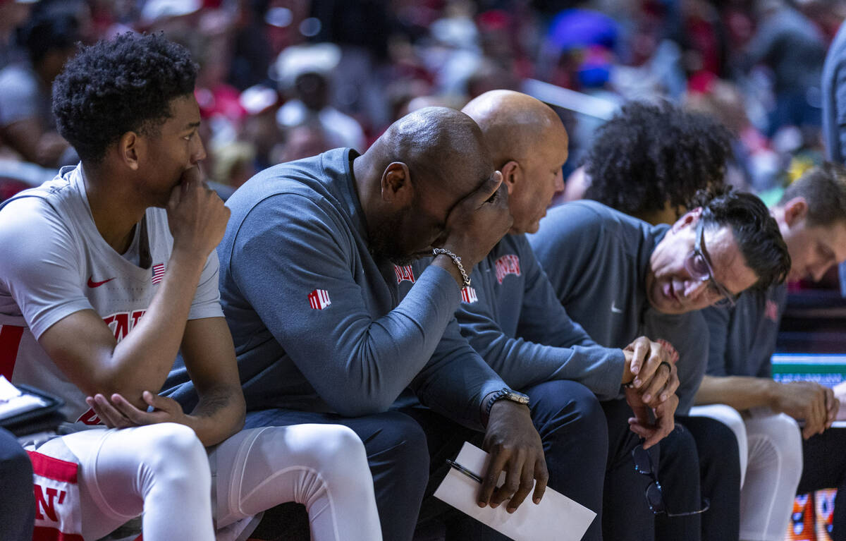 The UNLV bench is dejected after a close game gets away against the Colorado State Rams during ...