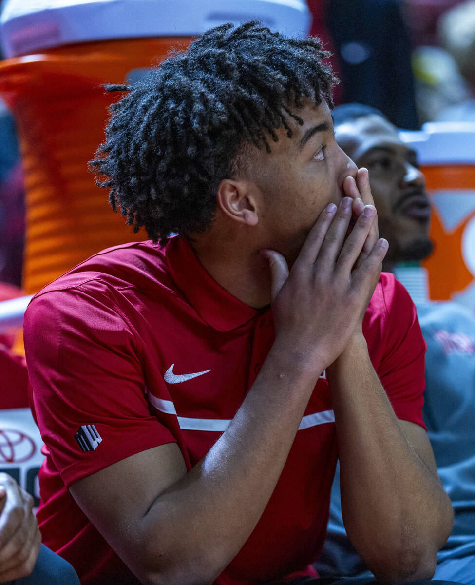 UNLV guard Dedan Thomas Jr. (11) is dejected from the bench as the Colorado State Rams pull awa ...