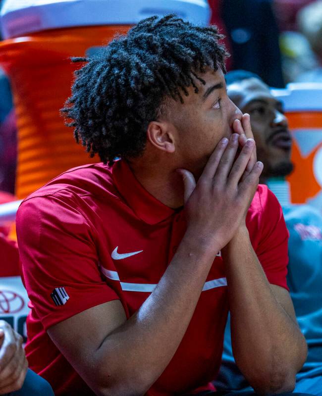 UNLV guard Dedan Thomas Jr. (11) is dejected from the bench as the Colorado State Rams pull awa ...