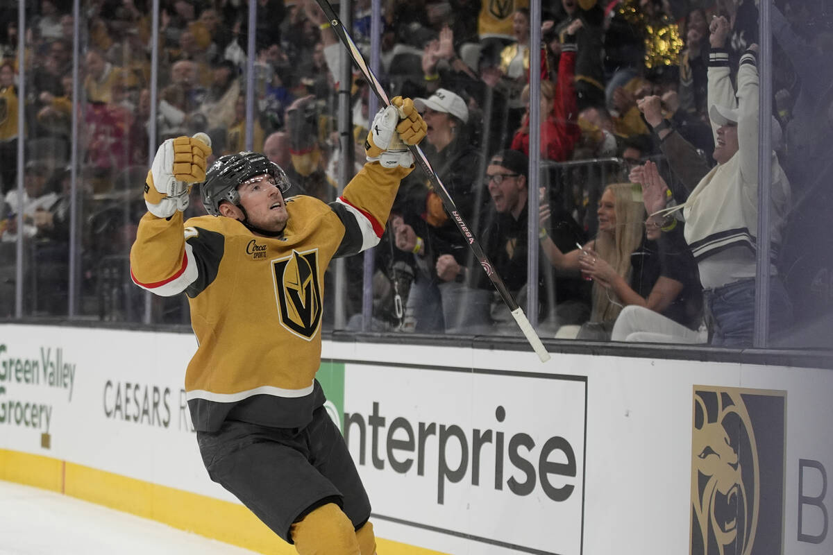 Vegas Golden Knights center Ivan Barbashev (49) celebrates after scoring against the Vancouver ...