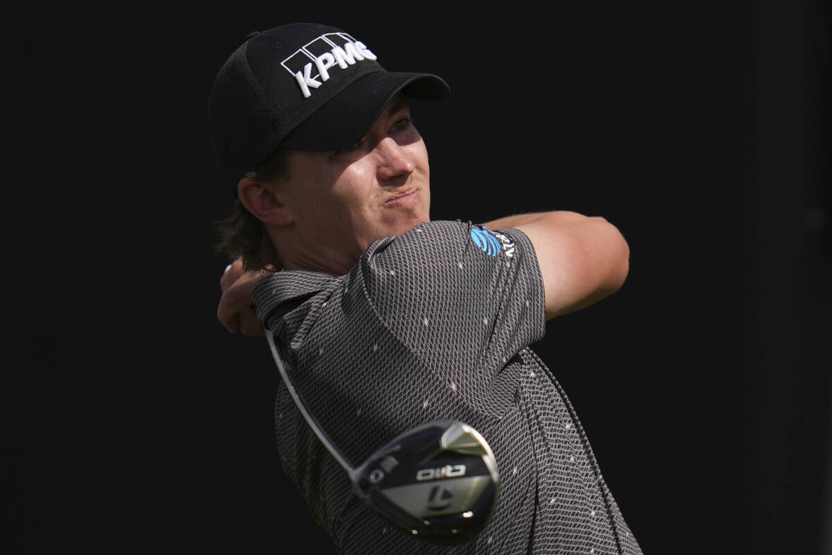 Maverick McNealy hits from the seventh tee of the South Course at Torrey Pines during the final ...