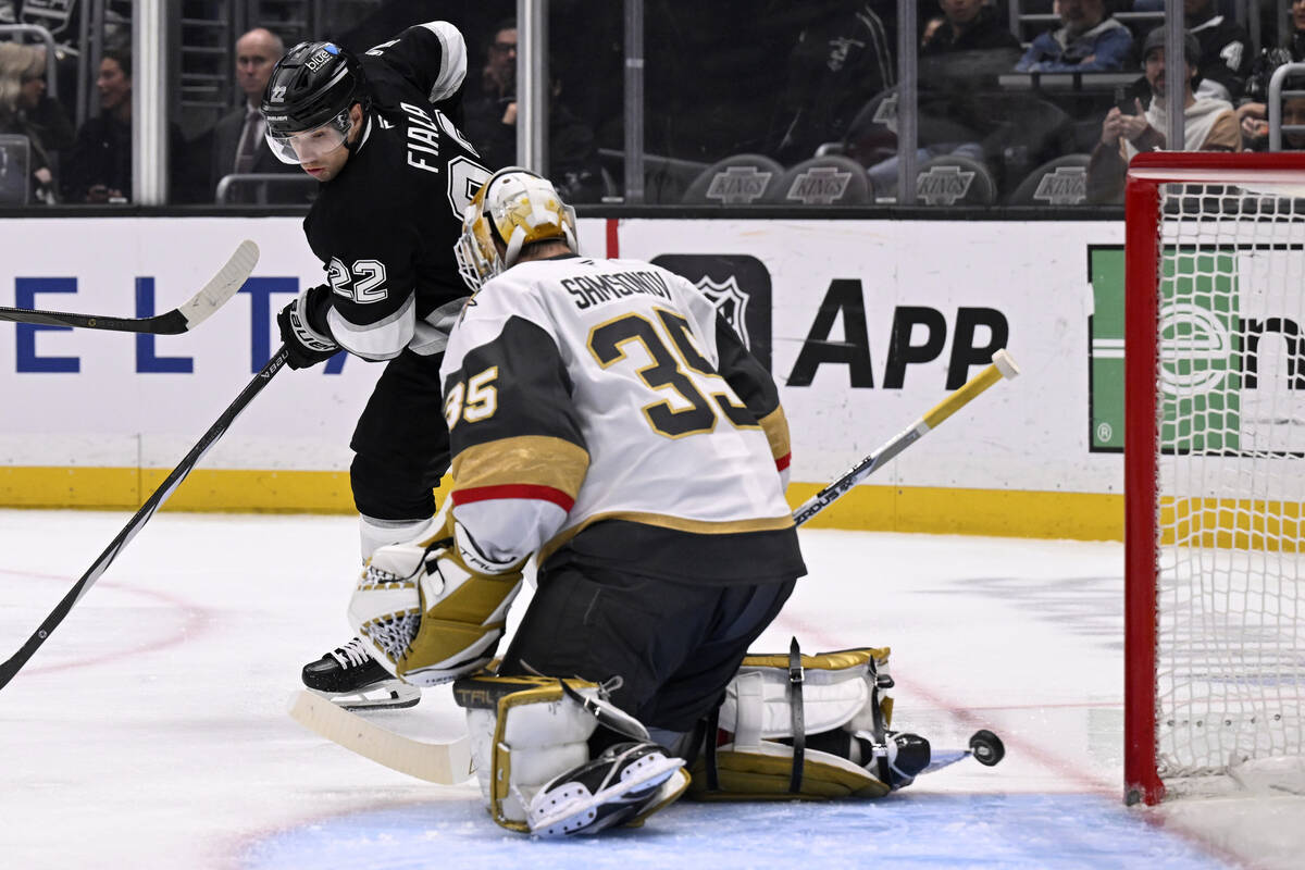 Los Angeles Kings left wing Kevin Fiala (22) shoots wide of Vegas Golden Knights goaltender Ily ...