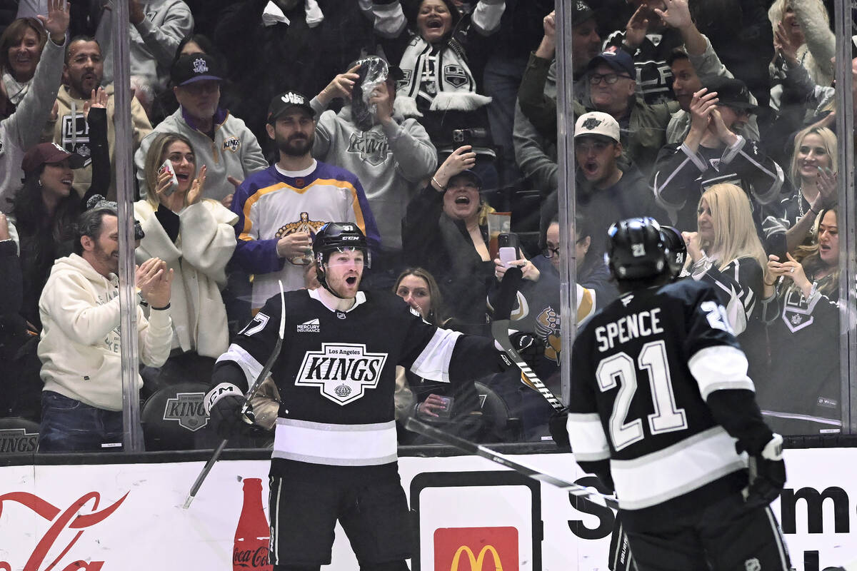 Los Angeles Kings left wing Warren Foegele (37) reacts after scoring against the Vegas Golden K ...