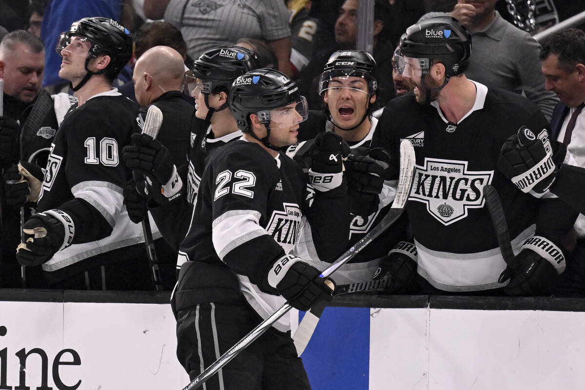 Los Angeles Kings left wing Kevin Fiala (22) celebrates with teammates after scoring against th ...