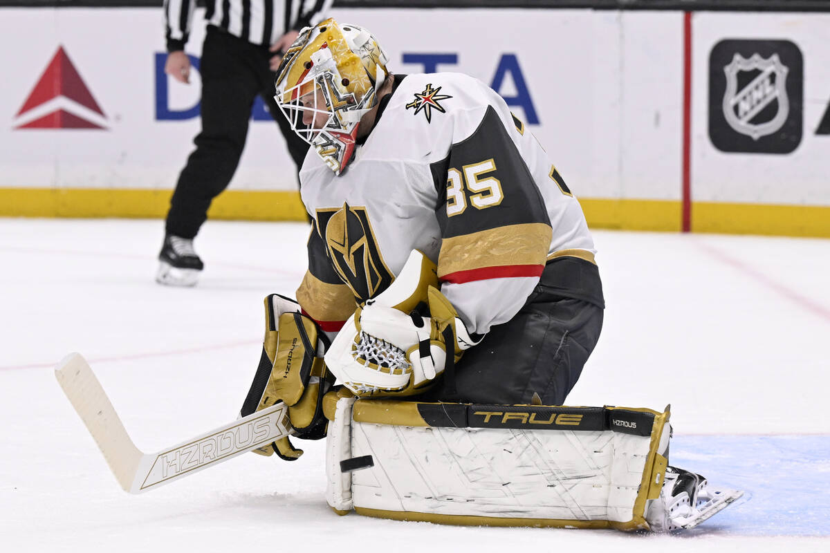 Vegas Golden Knights goaltender Ilya Samsonov (35) stops a shot against the Los Angeles Kings d ...