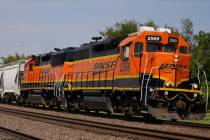A BNSF locomotive heads south out of Oklahoma City, Sept. 14, 2022. (AP Photo/Sue Ogrocki)