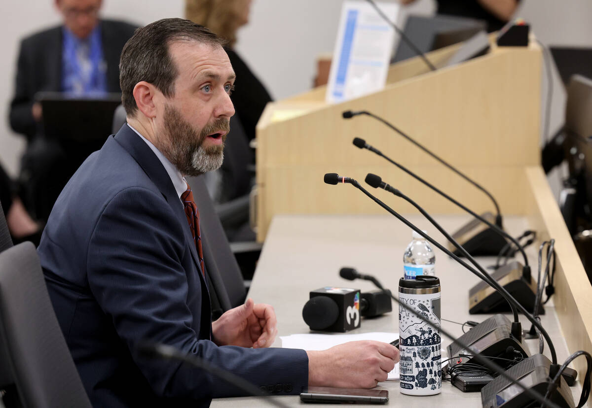Jesse Welsh answers questions from the Clark County School Board during an interview for Clark ...