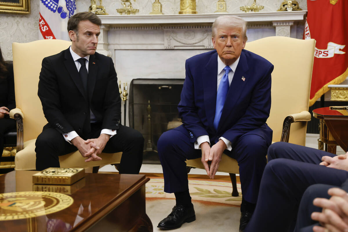 President Donald Trump, right, meets with France's President Emmanuel Macron in the Oval Office ...