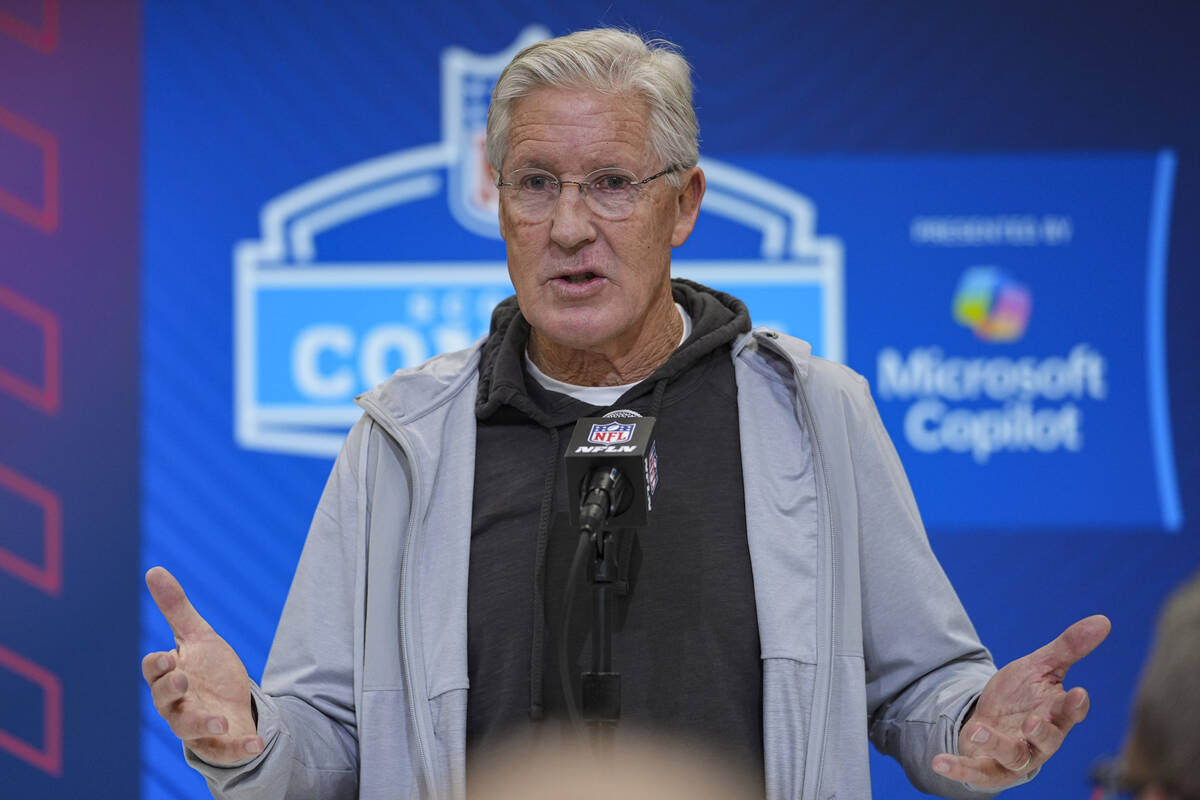 Las Vegas Raiders head coach Pete Carroll speaks during a press conference at the NFL football ...