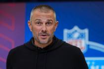 Las Vegas Raiders general manager John Spytek speaks during a press conference at the NFL footb ...
