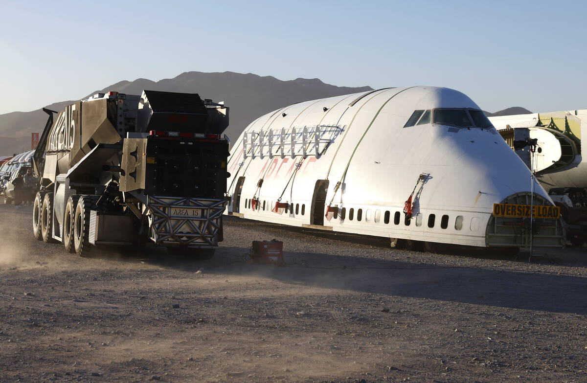 A decommissioned 747 fuselage is seen before it departs from the Las Vegas Speedway on North La ...