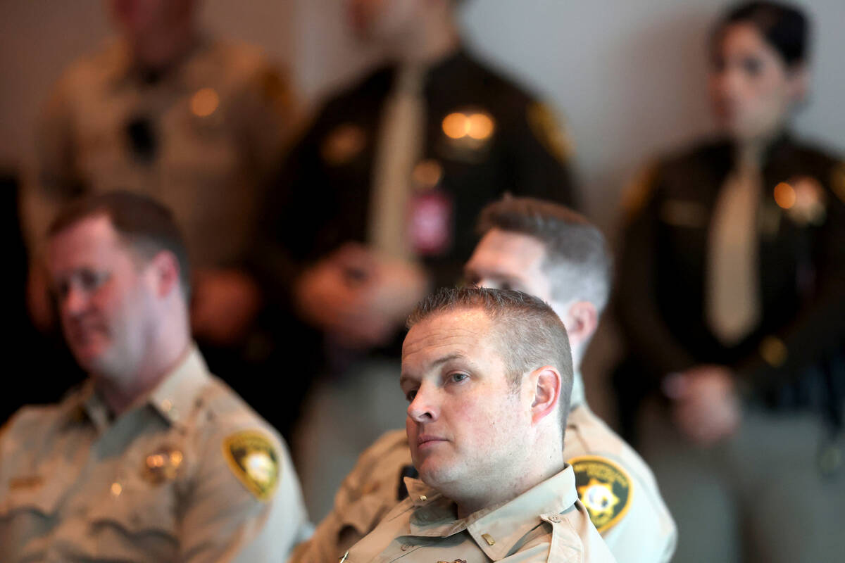 Officers listen as Clark County Sheriff Kevin McMahill delivers his Metropolitan Police Departm ...
