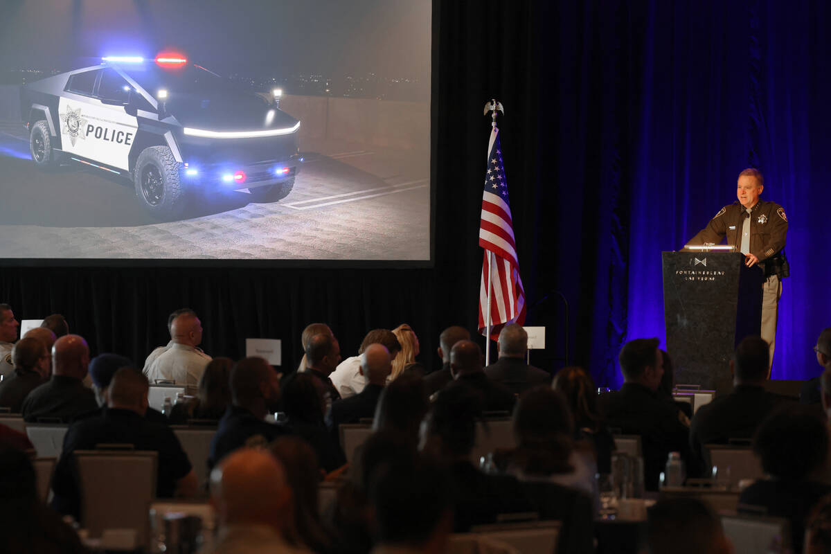 Clark County Sheriff Kevin McMahill shows a Las Vegas police Tesla Cybertruck during his Metrop ...