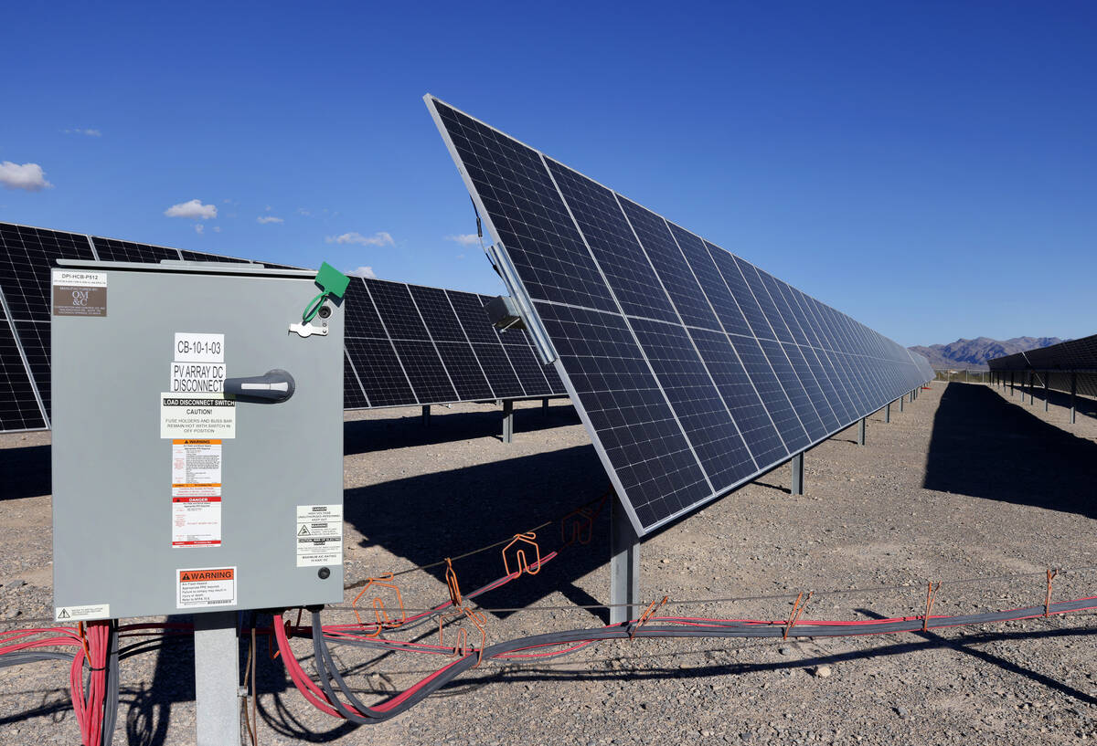 Solar panels are seen at the Harry Allen Power Plant, on Tuesday, Oct. 29, 2024, in Las Vegas. ...
