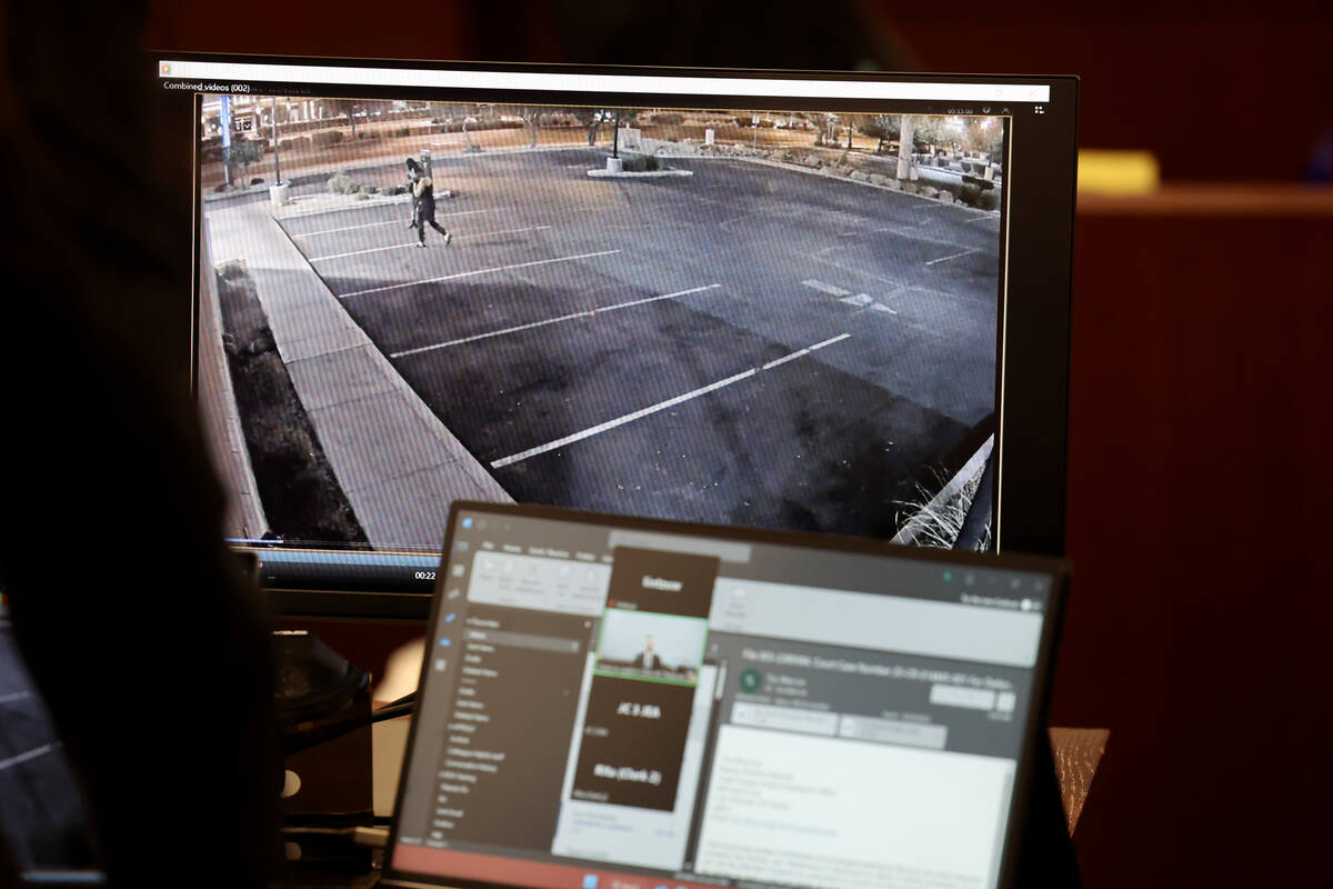 Surveillance video is shown during testimony from Las Vegas police homicide detective Jim Gollm ...
