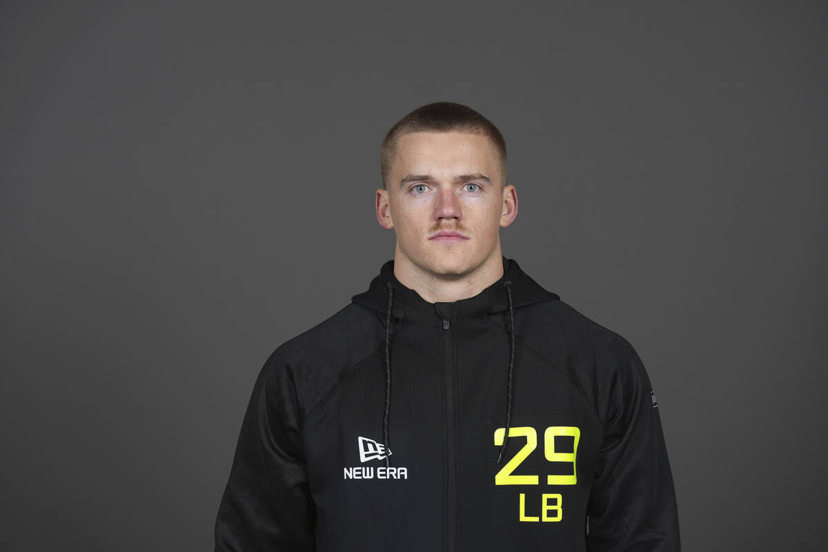 UNLV linebacker Jackson Woodard (LB29) poses for a portrait at the NFL football Combine on Tues ...