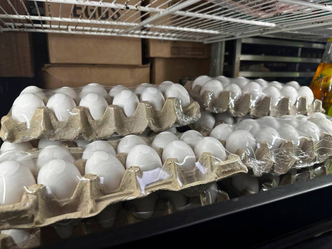 Cartons of eggs sit inside cooler at Norma's Sweets Bakery Tuesday, Feb. 11, 2025, in New Orlea ...