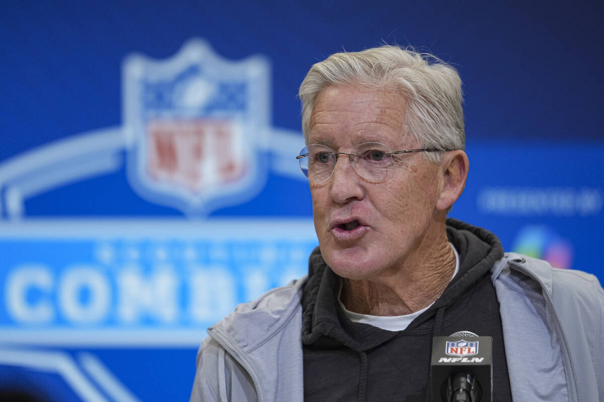 Las Vegas Raiders head coach Pete Carroll speaks during a press conference at the NFL football ...
