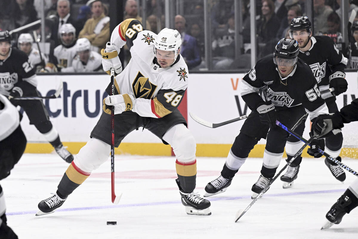 Vegas Golden Knights center Tomas Hertl (48) controls the puck against the Los Angeles Kings du ...