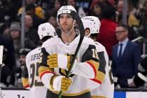 Vegas Golden Knights defenseman Noah Hanifin (15) looks up during the second period of an NHL h ...