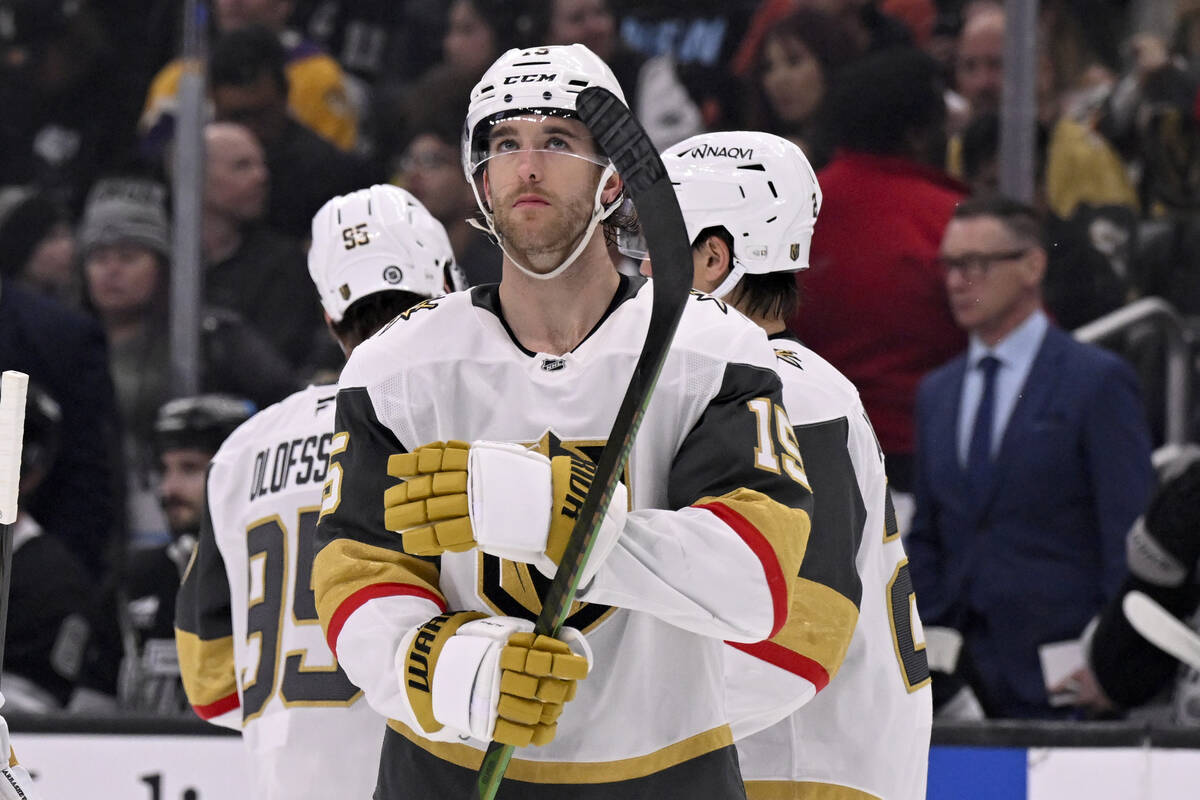 Vegas Golden Knights defenseman Noah Hanifin (15) looks up during the second period of an NHL h ...