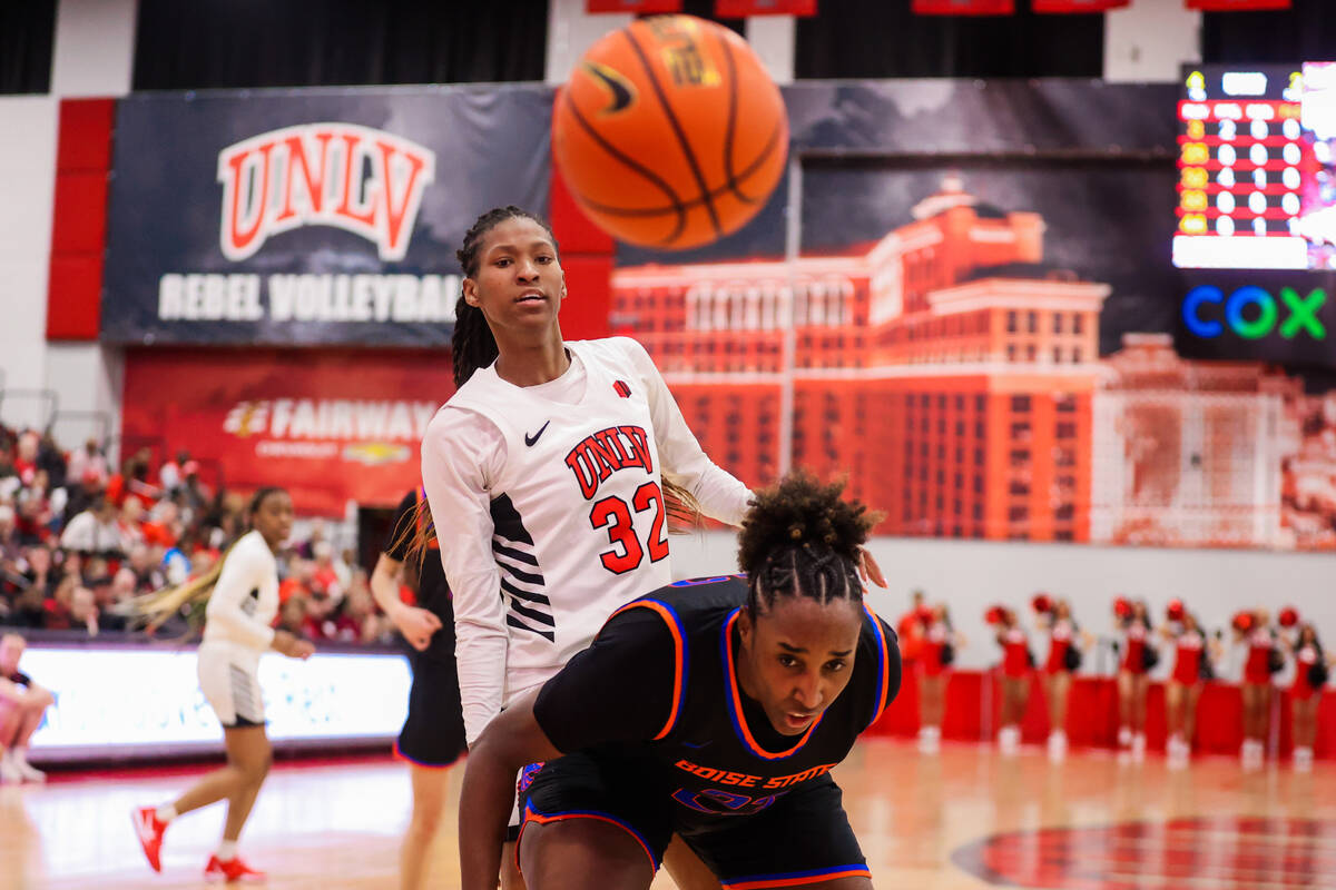 Lady Rebels forward Meadow Roland (32) eyes the ball as it goes out of bounds during an NCAA wo ...