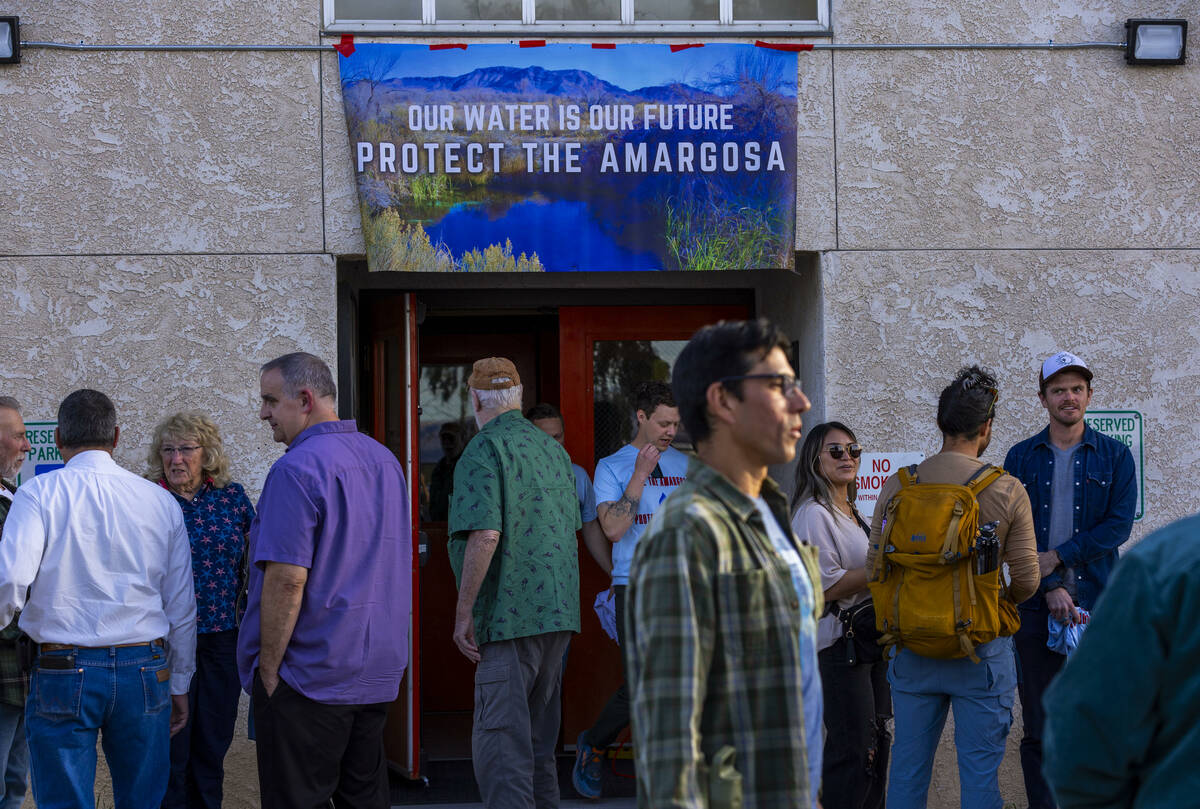 Attendees gather outside the Amargosa Valley Community Center for a rally on Thursday, Feb. 27, ...